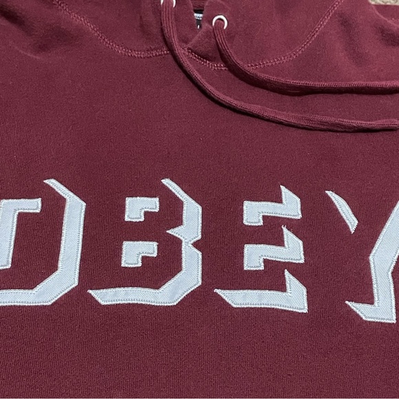 GENTLY USED OBEY “SHADOW BLOCK LOGO” HOODIE IN MAROON RED SIZE LARGE NICE WARM!! - Picture 3 of 16